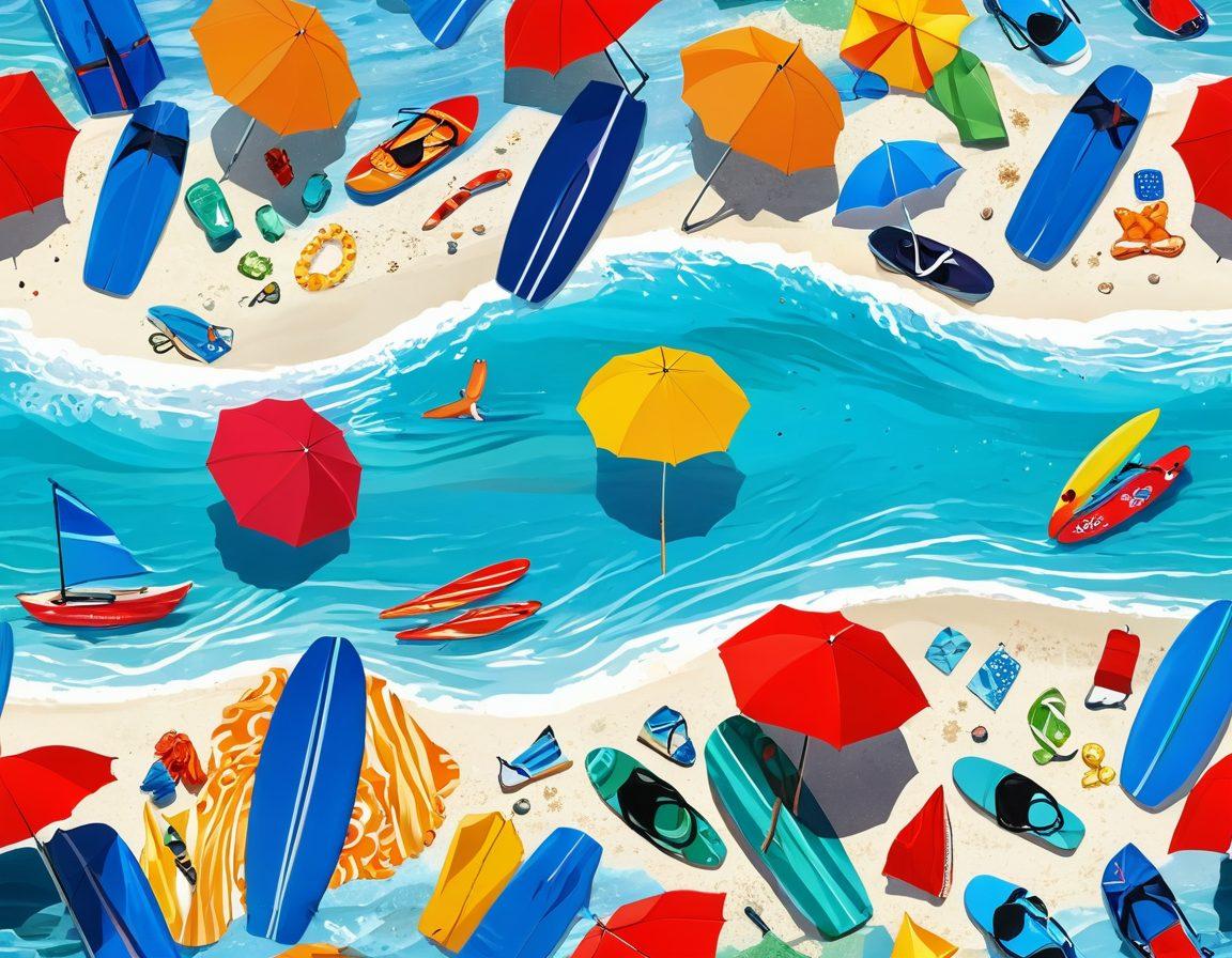 A sun-soaked beach scene featuring a variety of water sports gear like surfboards, paddleboards, and snorkeling equipment. Vibrant beach umbrellas and beach towels scattered around, with happy people enjoying the waves. In the background, a sparkling ocean with waves lapping at the shore, and a clear blue sky with fluffy white clouds. Elements that represent gifts for beach lovers, such as tropical-themed towels and colorful flip-flops, scattered artistically. super-realistic. vibrant colors. 3D.